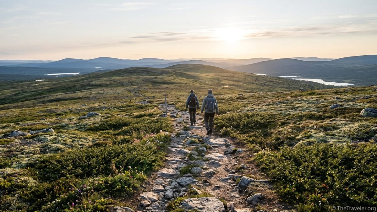 Hikers on a rocky fell trail in Pallas–Yllästunturi National Park under a soft summer evening sky.