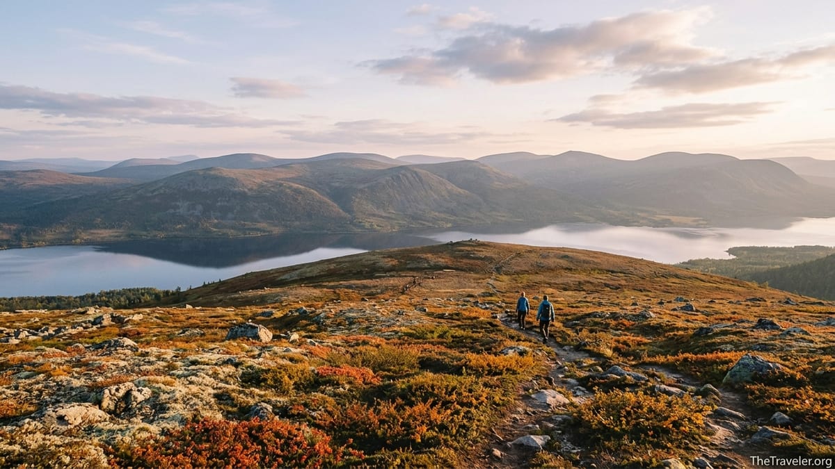 Autumn landscape of Pallas–Yllästunturi fells with hikers on a trail above a lake in Finnish Lapland at sunset.