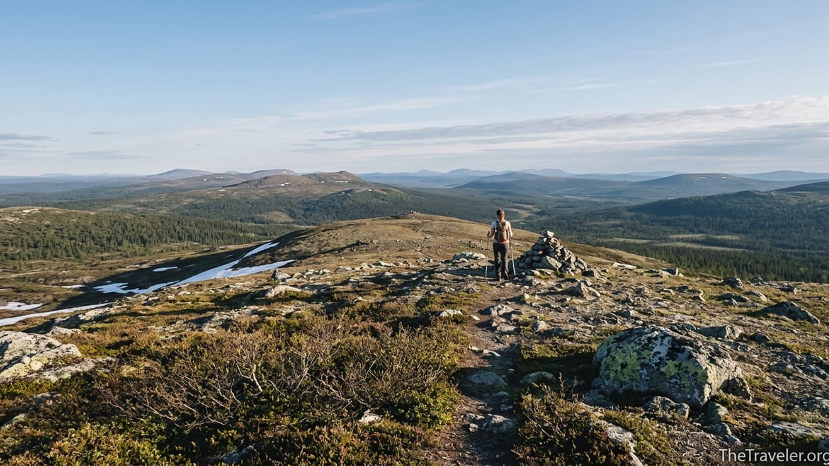 Hiker on a rounded fell in Pallas–Yllästunturi National Park overlooking distant Lapland fells.