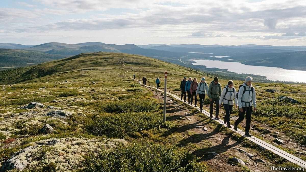 Hikers on a marked fell ridge trail in Pallas–Yllästunturi National Park in summer.