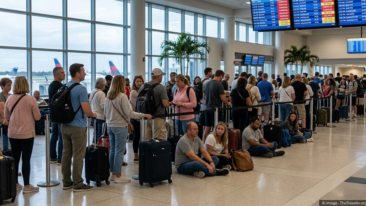Crowded departure hall at Palm Beach International with long lines and delayed flight boards.