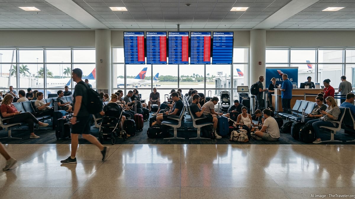 Crowded Palm Beach International Airport concourse with delayed and canceled flights on departure boards.