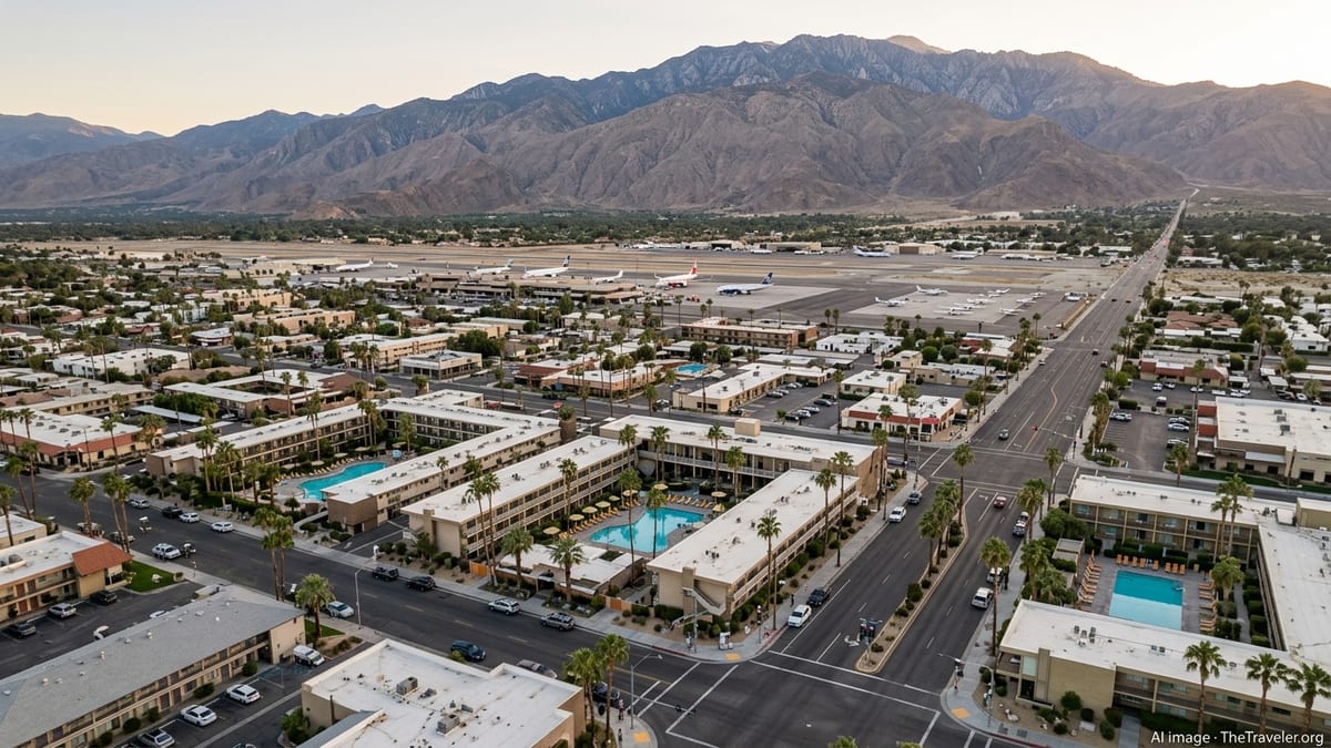 Aerial view of Palm Springs hotels, airport and mountains at golden hour.