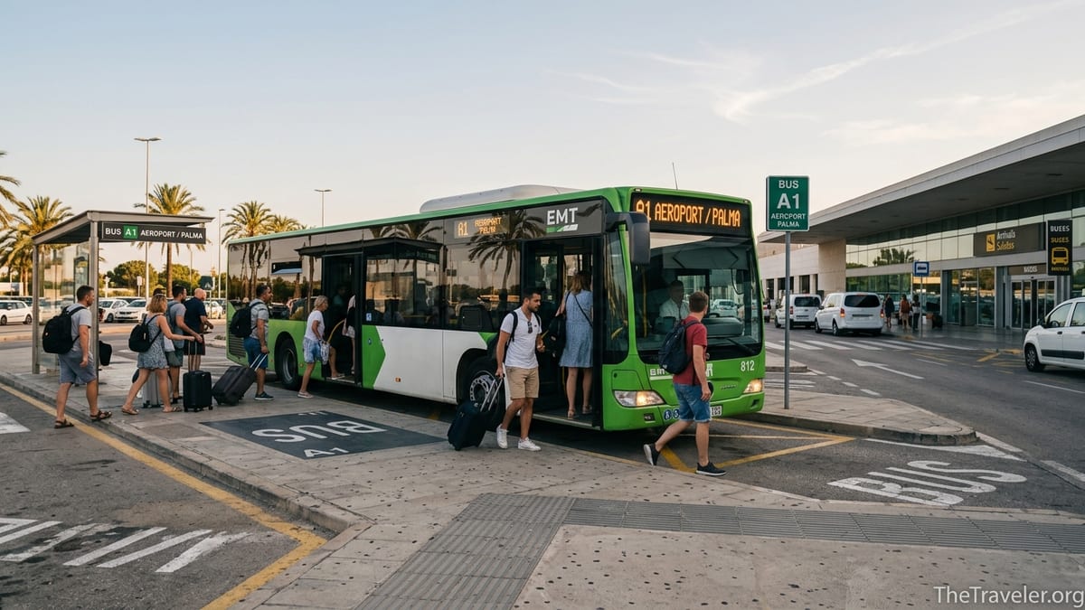 Passengers boarding the EMT A1 airport bus outside Palma de Mallorca Airport at sunset.