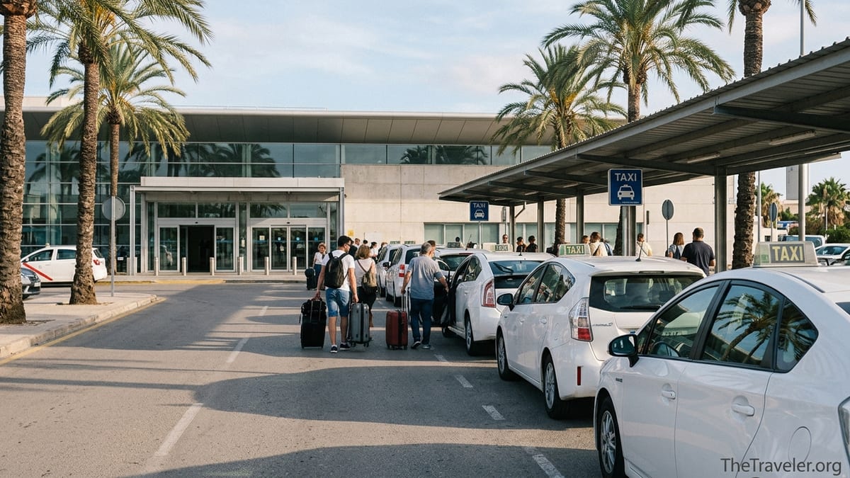 Taxi rank outside Palma de Mallorca Airport with passengers and white taxis in late-afternoon light