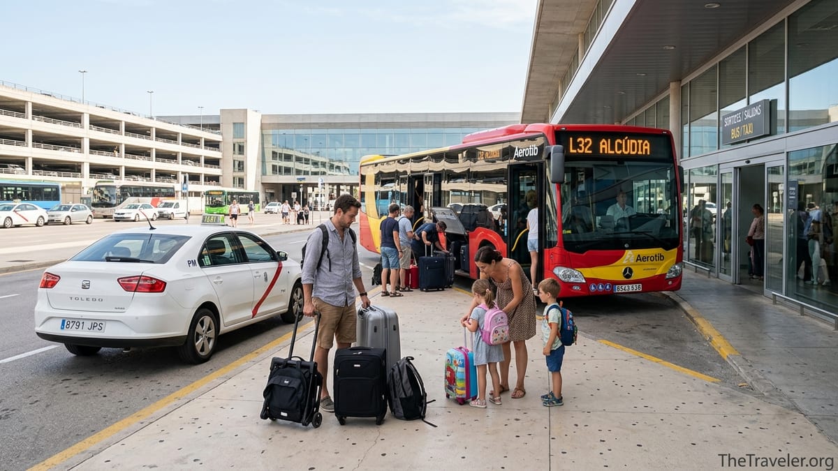 Family with luggage choosing between Aerotib bus and taxi at Palma de Mallorca Airport curbside.