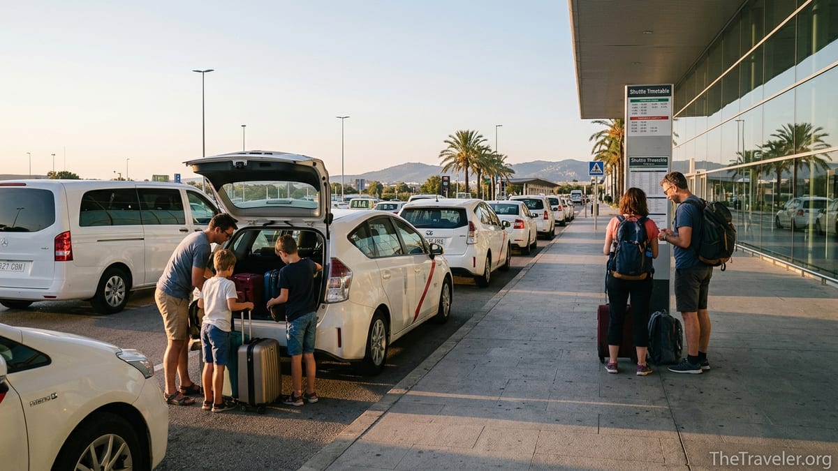 Taxis and a shuttle minivan waiting outside Palma de Mallorca Airport at sunrise with travelers loading luggage.