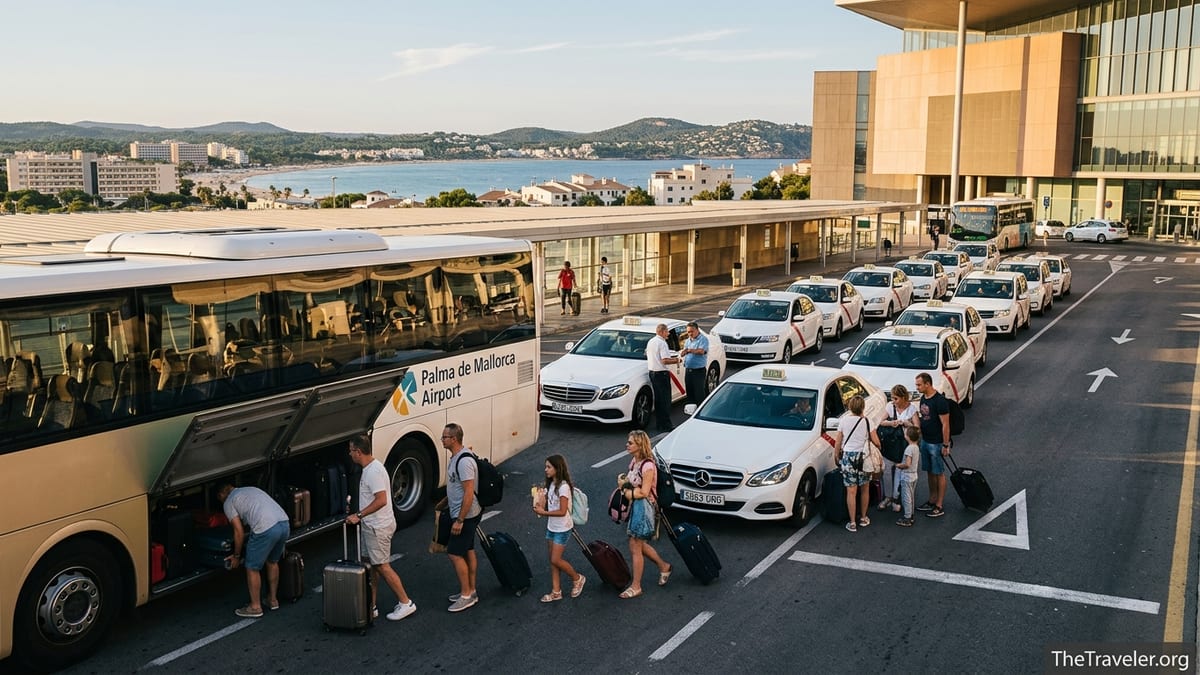 Taxis and an airport bus waiting outside Palma de Mallorca Airport under late afternoon sun.