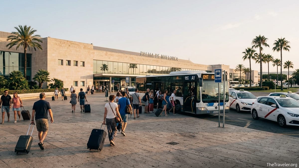 Travelers at Palma de Mallorca Airport choosing between the A1 bus and taxis outside arrivals.