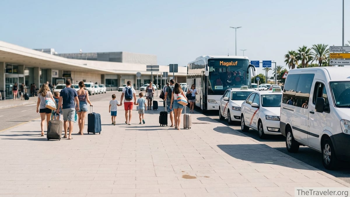 Travelers outside Palma de Mallorca Airport choosing taxis and buses for transfers to Magaluf.