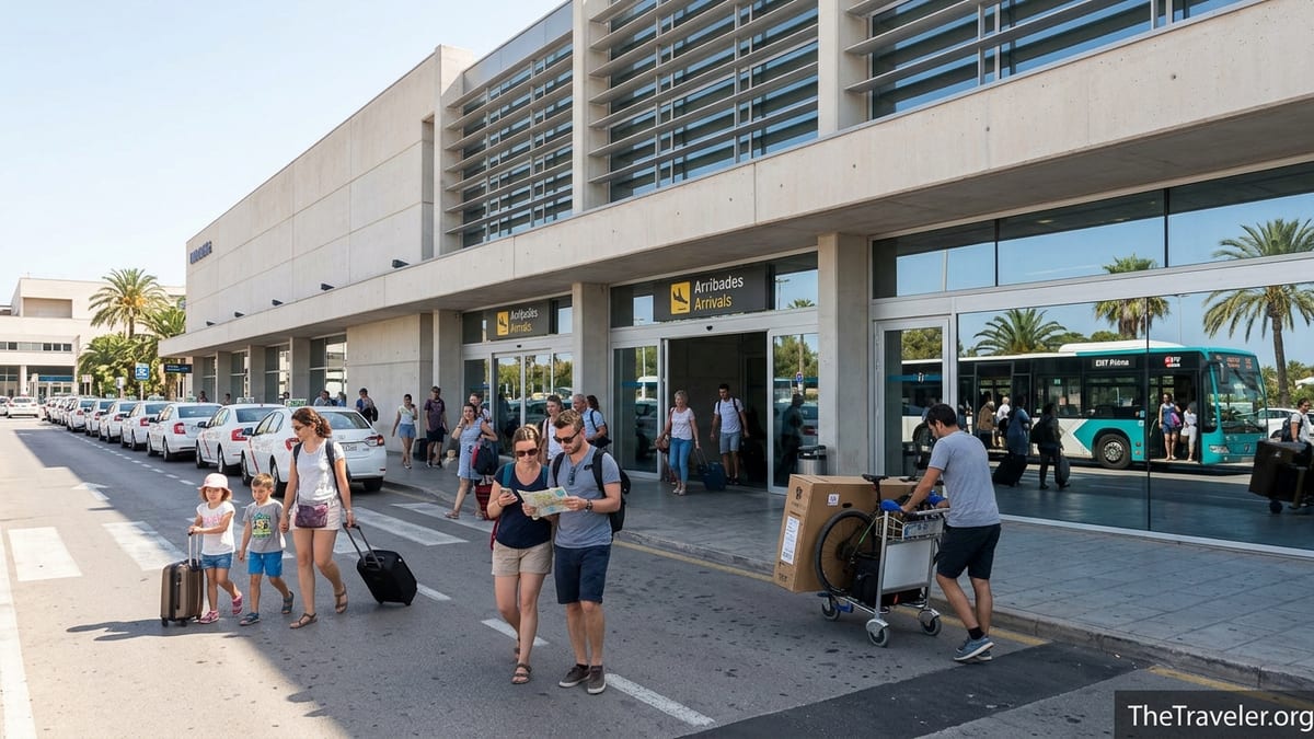 Arrivals area of Palma de Mallorca Airport with taxis, bus and travelers with luggage on a sunny day.