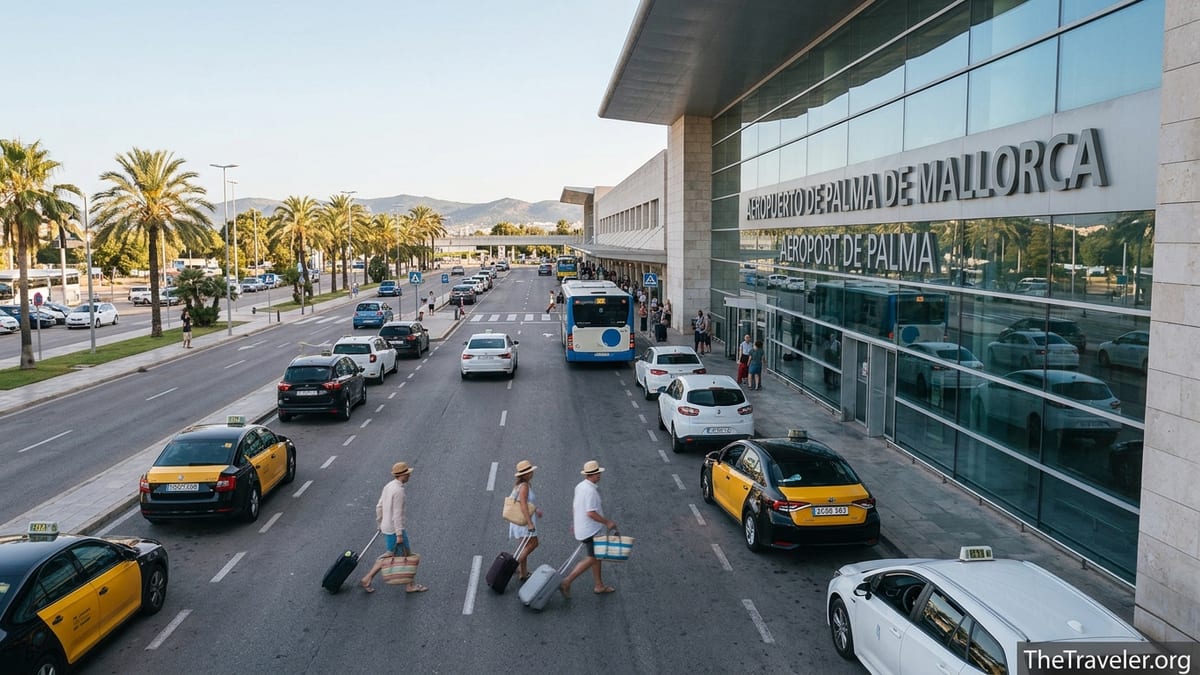 Morning scene outside Palma de Mallorca Airport with taxis, bus and travelers arriving.