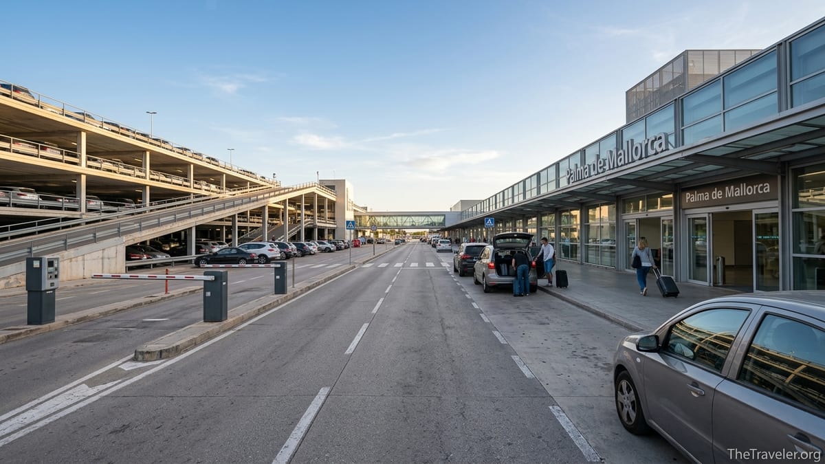 Cars using express drop-off in front of Palma de Mallorca Airport terminal at sunrise.