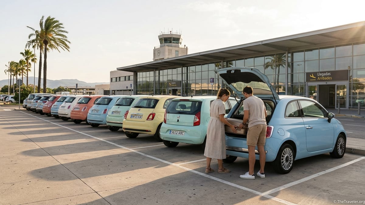 Travelers loading luggage into a rental car at Palma de Mallorca Airport car park at sunset.