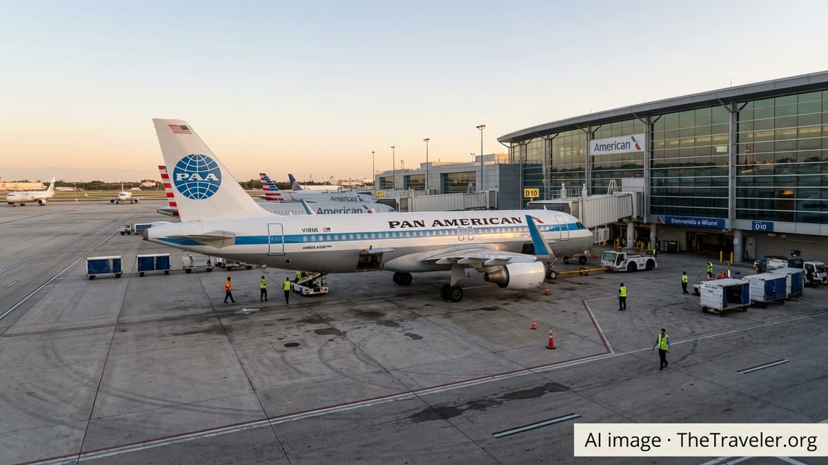 Pan Am-branded Airbus A320neo at a Miami airport gate at sunrise with ground crew working.