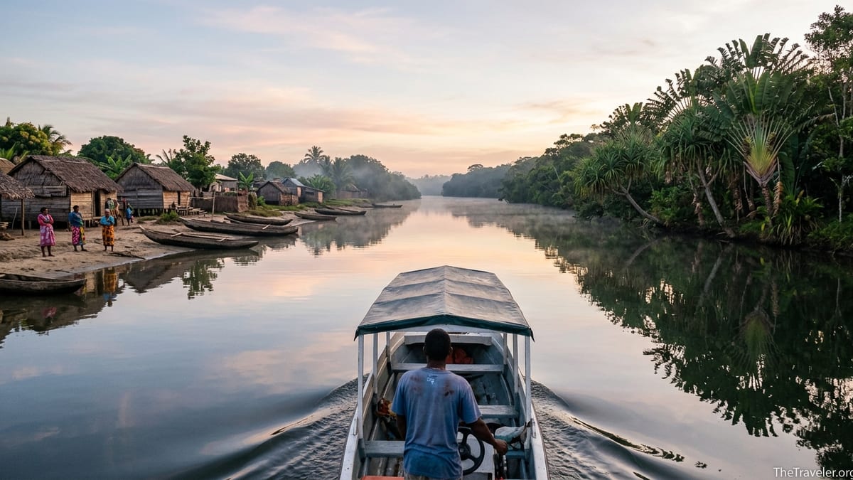 Motorboat at sunrise on Madagascar’s Pangalanes Canal passing a small village and lush rainforest banks.
