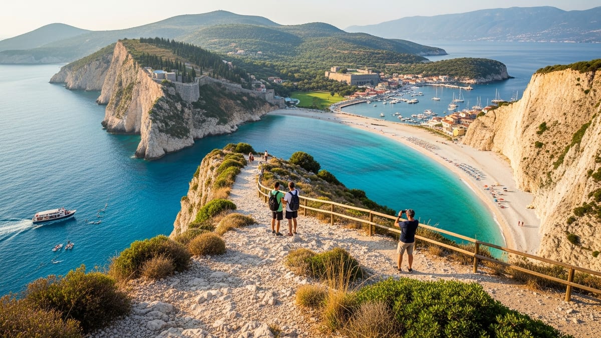 Panoramic view of Zakynthos, Corfu and Kefalonia from a coastal trail.
