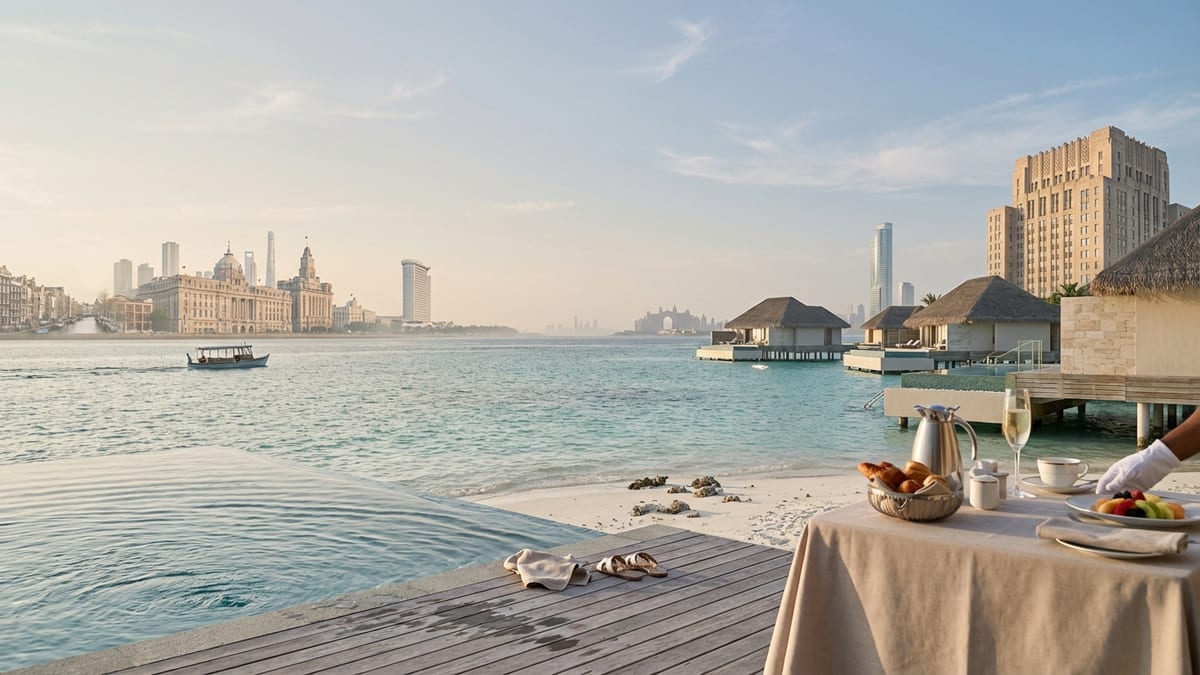 Panoramic view from Waldorf Astoria Maldives Ithaafushi villa deck at golden hour. 