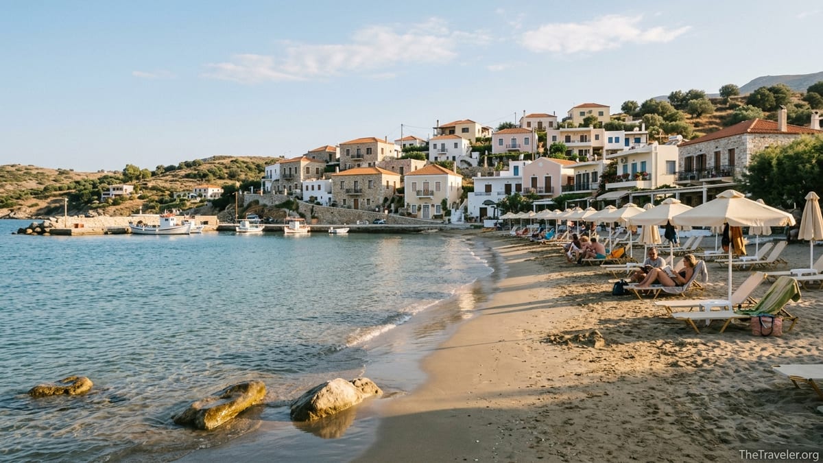 Late afternoon view of Panormos Beach in Crete with calm bay, sunbeds and the village rising just behind the sand.