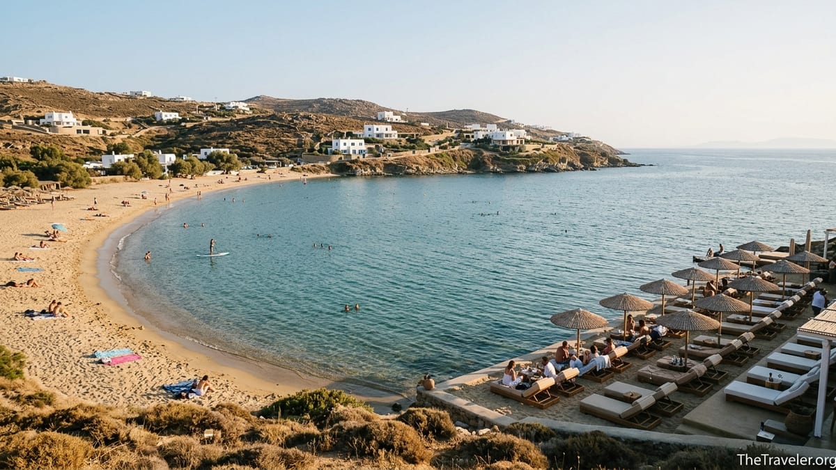Panormos Beach in Mykonos with a chic beach club on one side and quiet open sand on the other