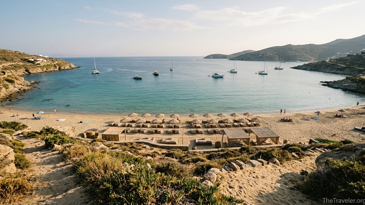 Wide view of Panormos Beach bay on Mykonos with calm turquoise water, sunbeds and quiet sand under a warm late afternoon sky.