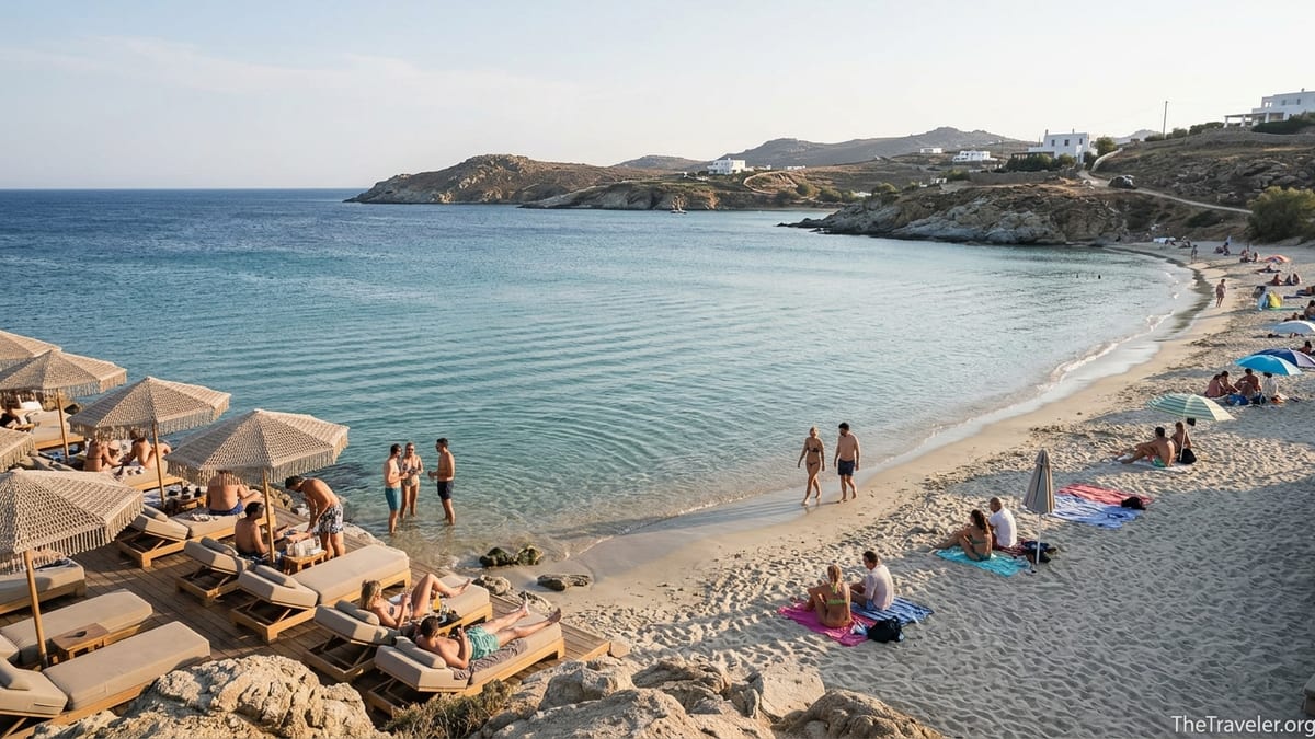 Panormos Beach in Mykonos with chic loungers on one side and a quieter sandy stretch curving around a calm turquoise bay.