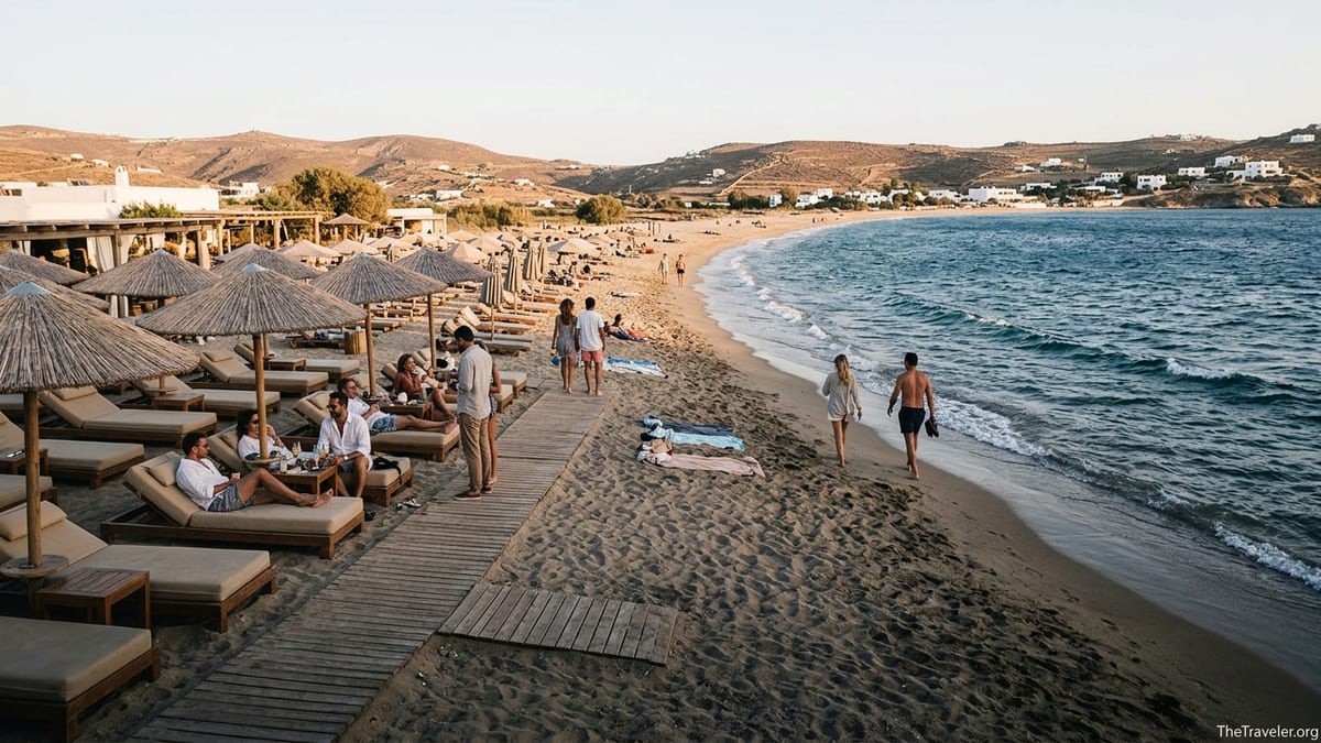 Panormos Beach in Mykonos showing a busy beach club beside a quieter stretch of open sand and blue Aegean water.