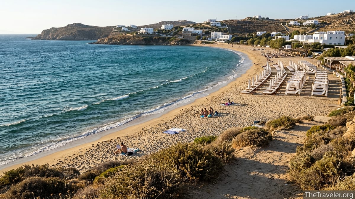 Wide view of Panormos Beach in Mykonos showing both chic club loungers and quiet open sand along a windy Aegean bay.