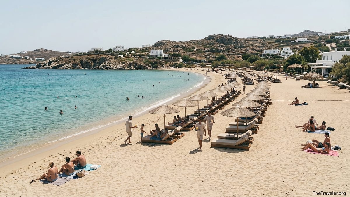 Wide view of Panormos Beach in Mykonos with beach club loungers and open sandy shoreline.