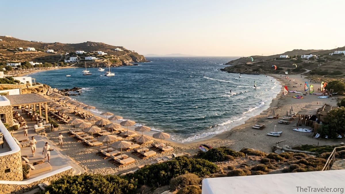 Aerial view of Panormos and Ftelia beaches in Mykonos showing calm luxury and windy bohemian shores across the same bay.