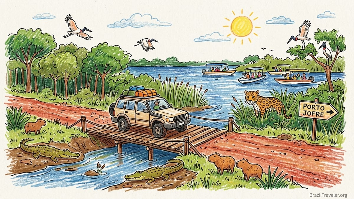 Safari boat on a Pantanal river at dawn searching riverbanks for jaguars
