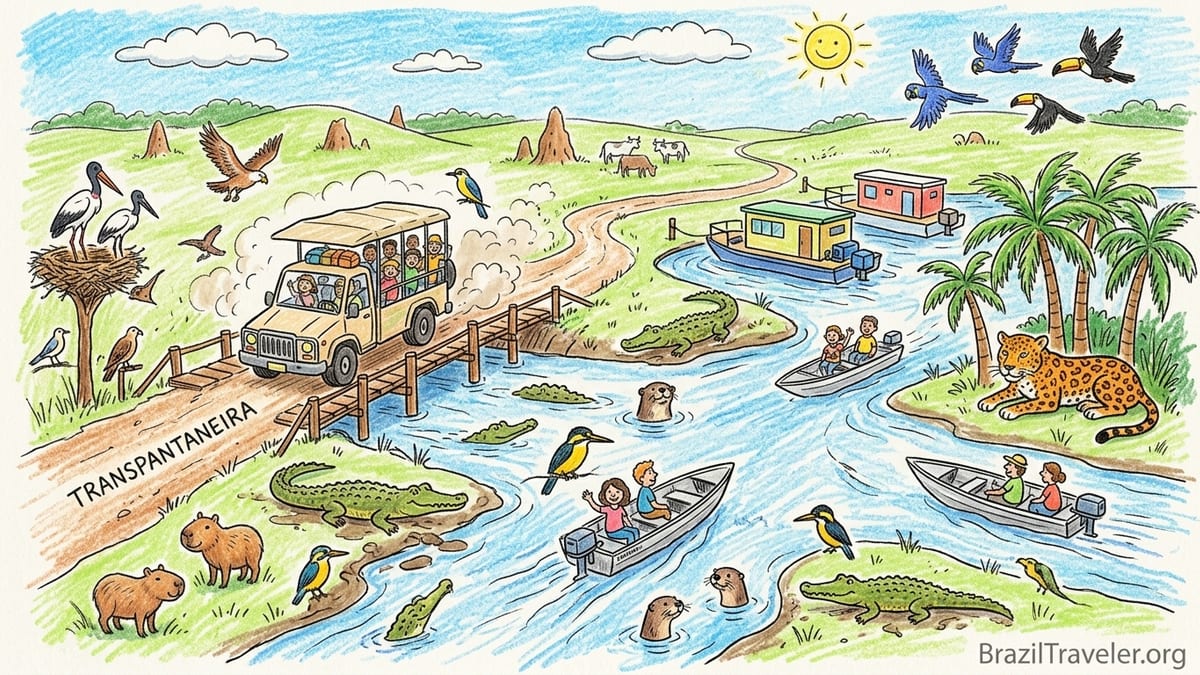 Hotel boat in Brazil’s Pantanal at sunrise with safari skiff and capybaras on the riverbank
