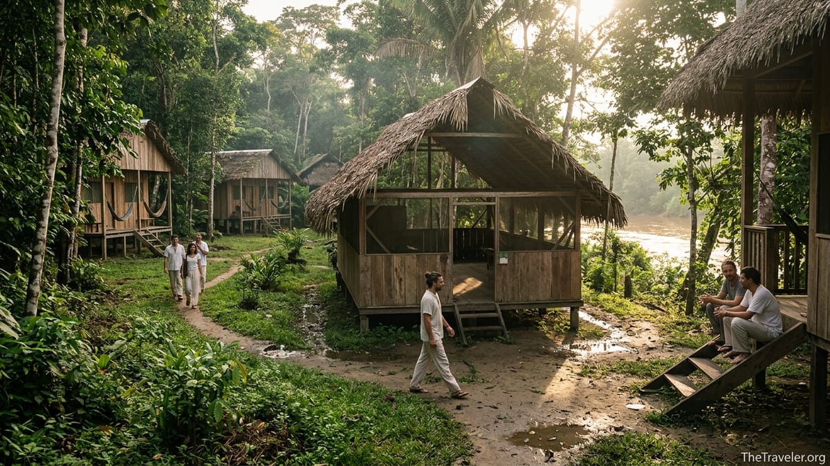 Small ayahuasca retreat maloca and cabins beside an Amazonian river near Iquitos at sunset.