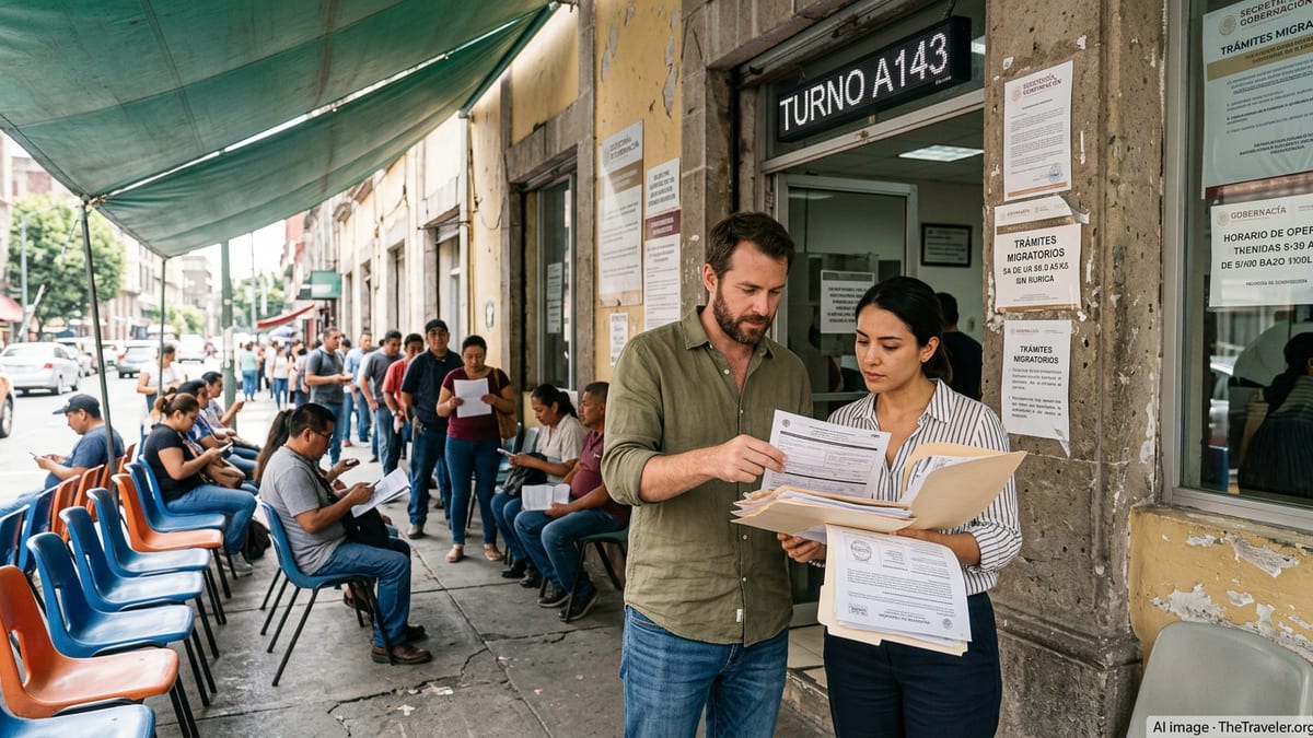 Expats holding paperwork outside a busy Mexican government office entrance