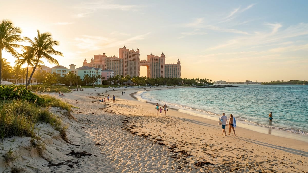 Late afternoon view of Paradise Island, Bahamas featuring the iconic Atlantis resort.
