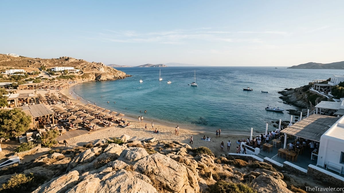Aerial view of Paraga Beach Mykonos showing beach clubs, tavernas and turquoise bay at sunset.