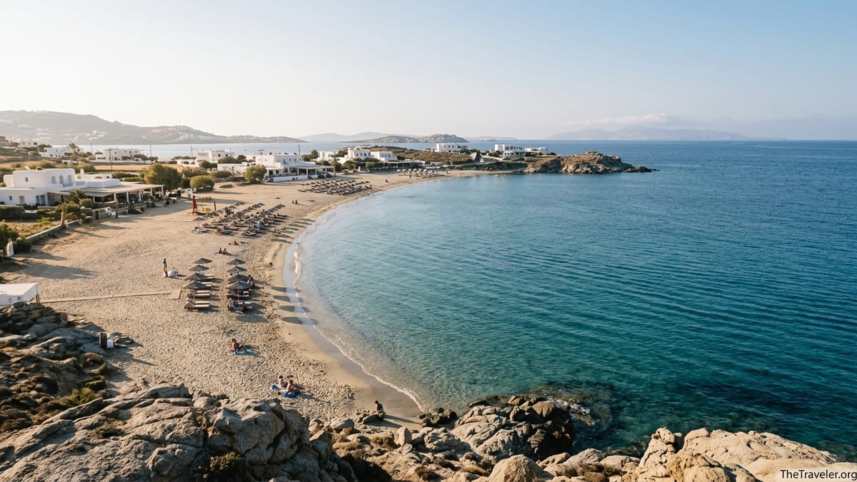 Calm morning at Paraga Beach in Mykonos with clear turquoise water and few visitors.