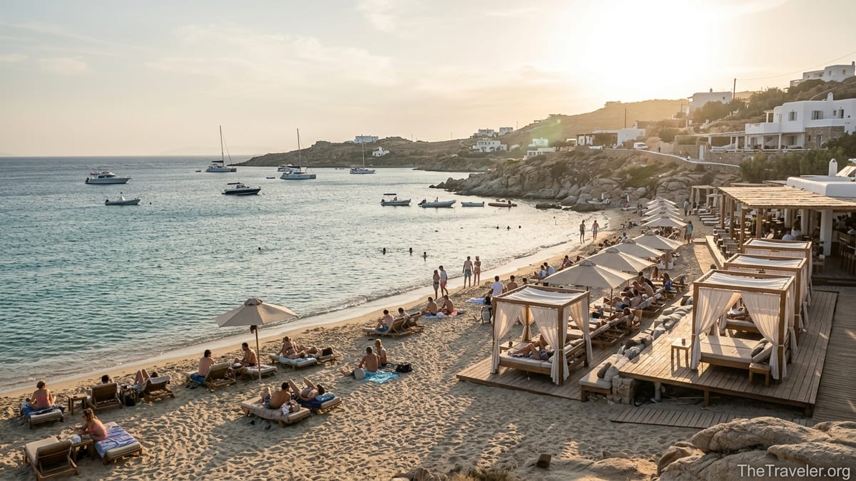 Paraga Beach in Mykonos with calm turquoise water, sunbeds, and a chic beach club at golden hour.