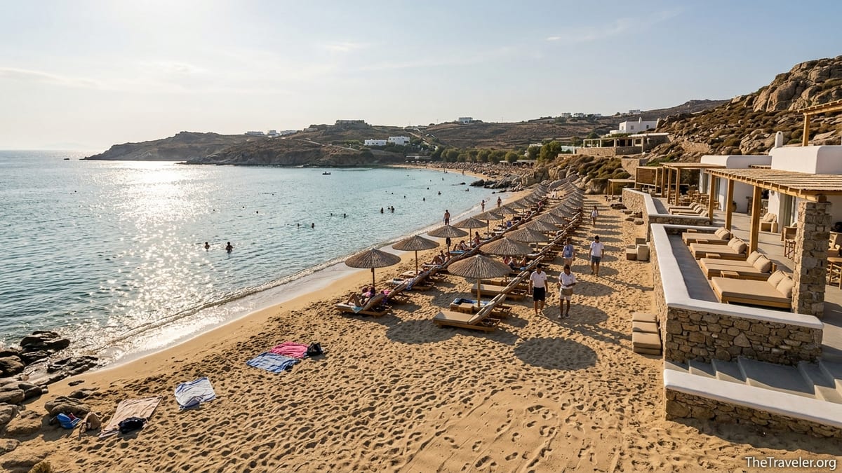 Golden late-afternoon light over Paraga Beach in Mykonos with sunbeds, clear turquoise water and Cycladic buildings on the h 