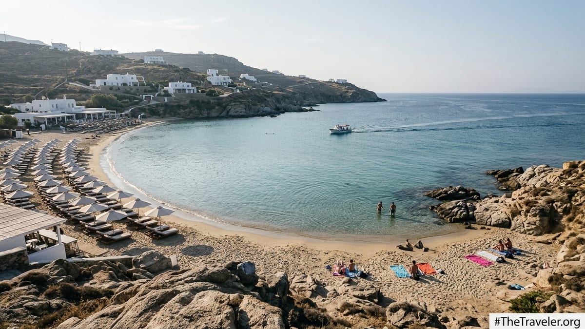 Early morning view over Paraga Beach in Mykonos showing sunbeds, rocky cove and calm turquoise sea.