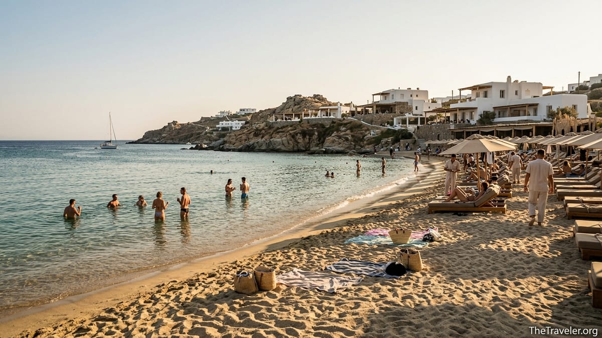 Late afternoon view of Paraga Beach in Mykonos with sunbeds, swimmers and whitewashed buildings above the bay.