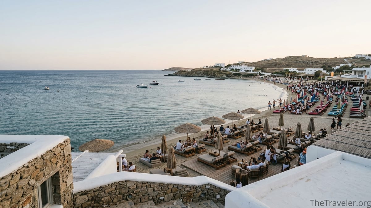Aerial view of Paraga and Paradise Beach in Mykonos with sunbeds and turquoise sea at sunset.