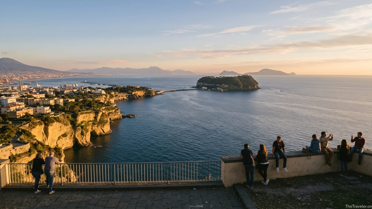 Panoramic sunset view over the Gulf of Naples from a terrace in Parco Virgiliano.