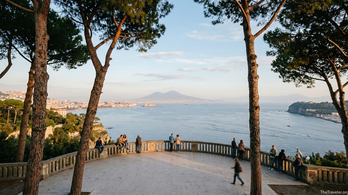 Terrace at Parco Virgiliano overlooking the Gulf of Naples and Vesuvius at sunset.