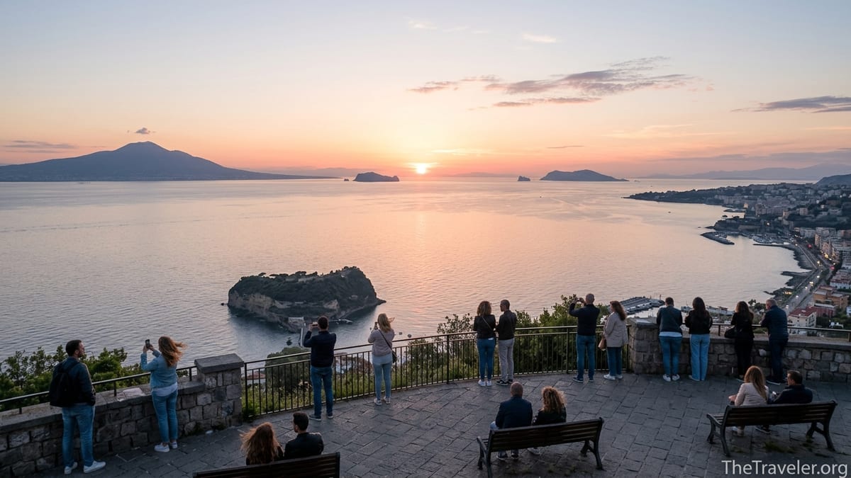 Sunset view over the Bay of Naples and islands from a terrace in Parco Virgiliano.