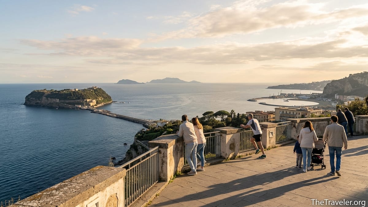 Terrace at Parco Virgiliano overlooking the Gulf of Naples and the island of Nisida at sunset.