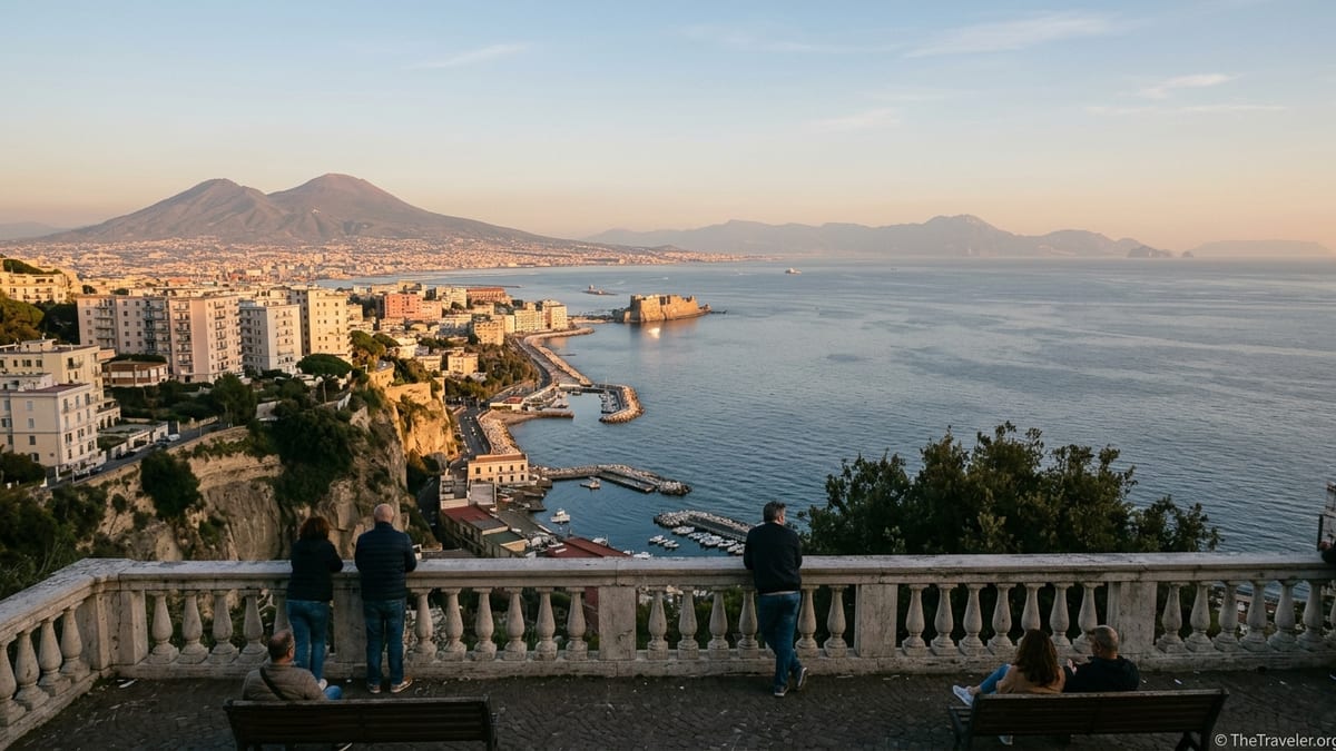 Panoramic view over the Bay of Naples and Vesuvius from a terrace in Parco Virgiliano at sunset.