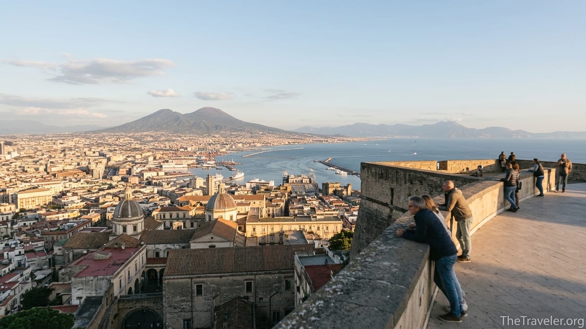 Panoramic view of Naples and Mount Vesuvius from the terrace of Castel Sant’Elmo at golden hour.