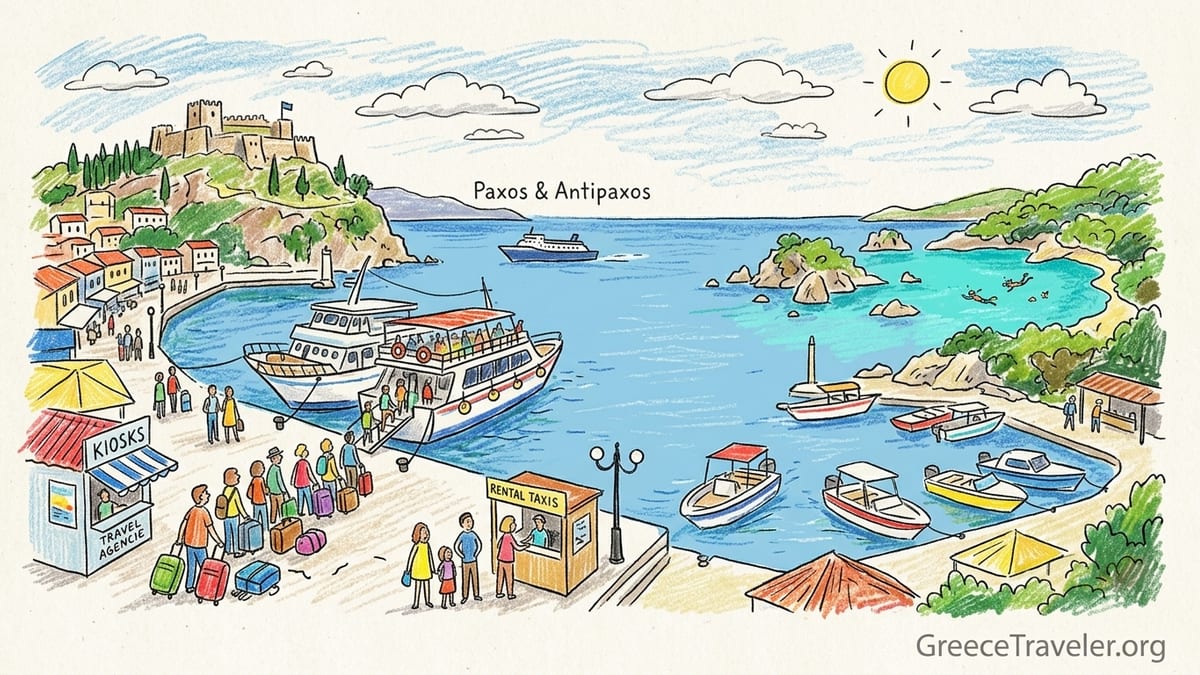 Excursion boat anchored in Syvota’s Blue Lagoon with swimmers in clear turquoise water