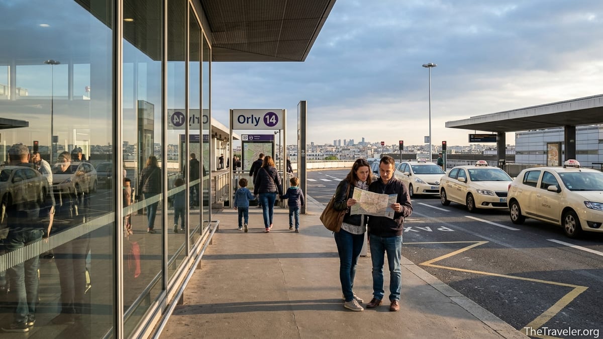 Travelers at Paris Orly Airport heading to taxis and Metro Line 14 on a sunny morning.